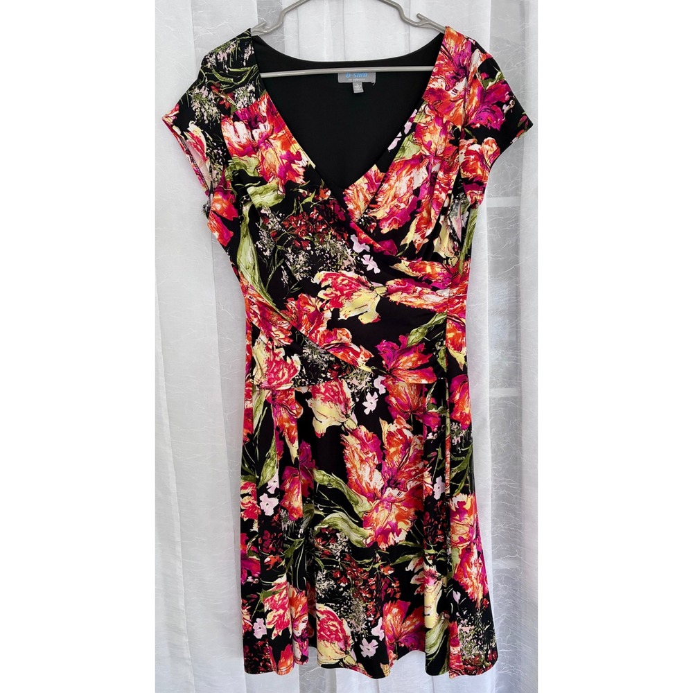B-Slim NY Collection Floral Faux Wrap Ruched Sheath‎ Dress Black Orange Large
